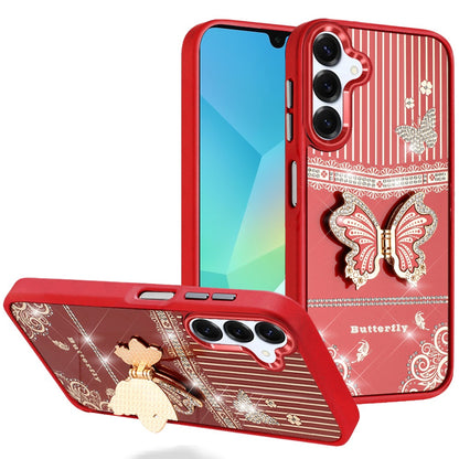 For Samsung Galaxy A16 5G Glitter 3D Butterfly Design Bling Metallic Edge Hybrid Stand Drop Protection TPU Shockproof Case Cover Cosmic Orange