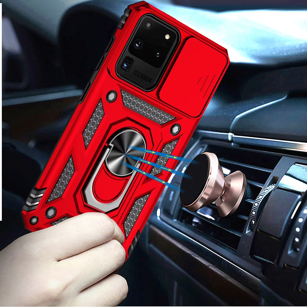 For Samsung Galaxy S20 Ultra Hybrid Ring Shockproof with 360° Rotate Ring Kickstand, Camera Lens Protection, Soft Edge Bumper Case Cover Red