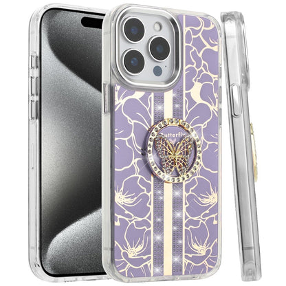 For iPhone 15 Pro Max (6.7") Diamonds 3D Butterfly Floral Design Bling Sparkly Glitter Hybrid Metal Fashion with Ring Stand Case Cover