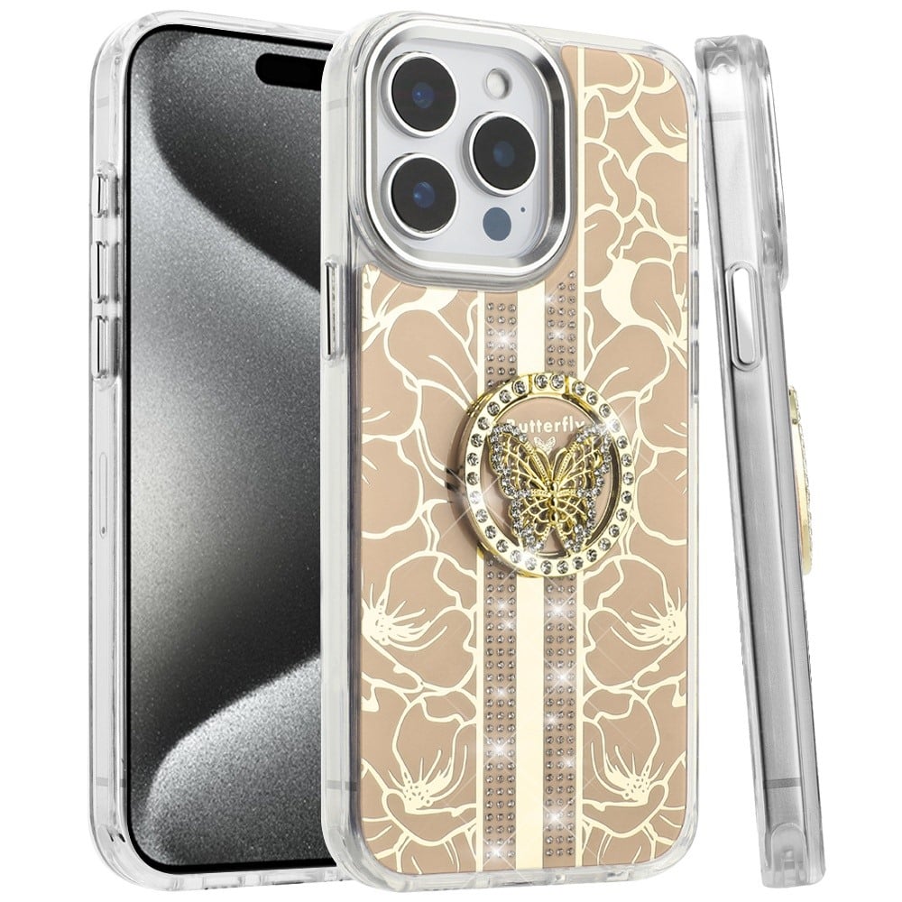 For iPhone 15 Pro Max (6.7") Diamonds 3D Butterfly Floral Design Bling Sparkly Glitter Hybrid Metal Fashion with Ring Stand Case Cover