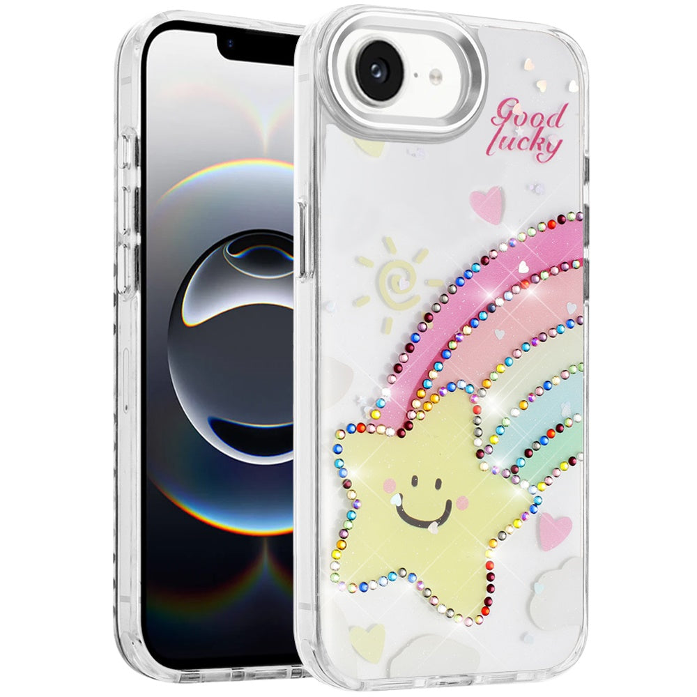 For Apple iPhone 17E /16E Butterfly Resin Epoxy Diamond Design Metal Edged Hybrid Shockproof Heavy Duty Drop Protection Case Cover