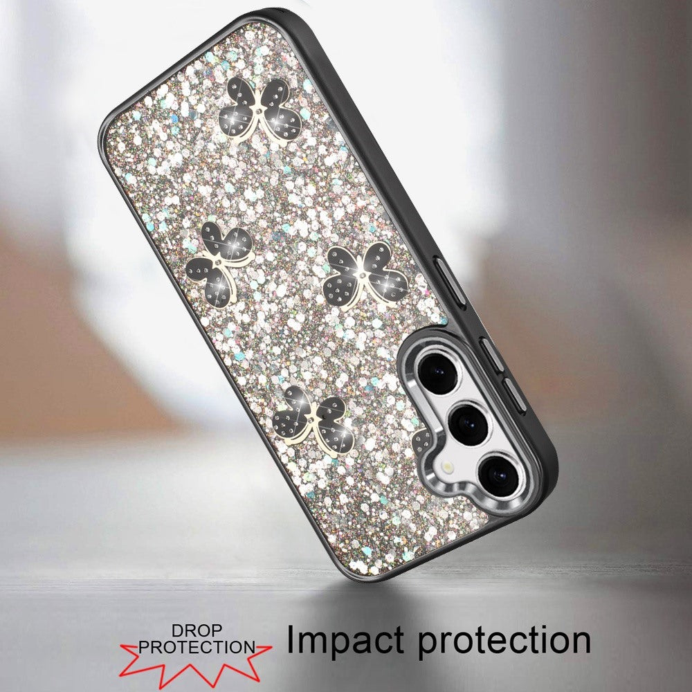 For Apple iPhone 17E /16E Cute Butterfly Crystal Diamond Glitter Case Sparkle Bling Frame Metallic Edges, Shimmer TPU Hybrid Case Cover