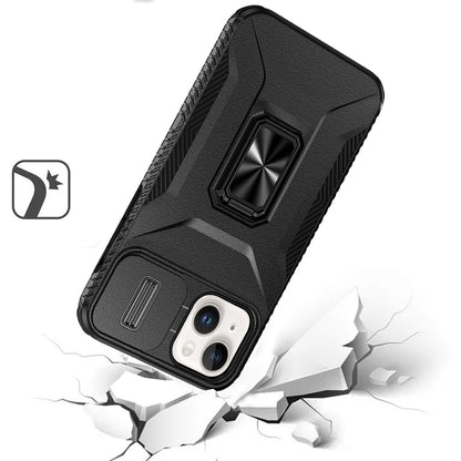 For Apple iPhone 15 (6.1") Camera Cover Phone Case with Magnetic Rotation Ring Stand [Military Grade] Hybrid Hard TPU Shockproof Case Cover Black