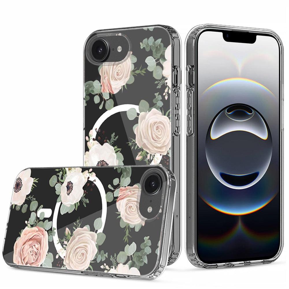 For Apple iPhone 16e Hybrid Flower Design Stylish Fashion Case, MagSafe Compatible, Thick Shockproof Hard PC Case Cover