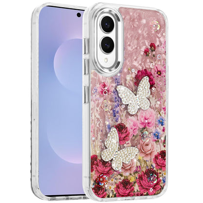 For Samsung Galaxy S25 EDGE Epoxy Glitter Flowers Bling 3D Butterfly Fashion TPU Hybrid with Shockproof Protection Case Cover