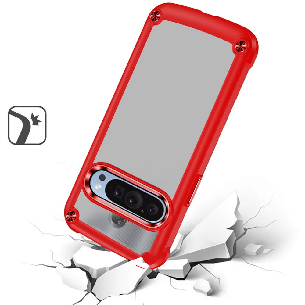 For Google Pixel 9 Pro XL Hybrid Transparent Rubber with Metal Buttons & Camera Edges Hard TPU Corner Frame Bumper Case Cover