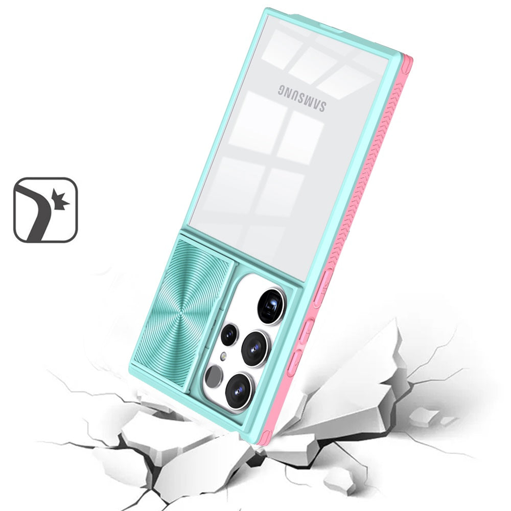 For Samsung Galaxy S24+ Plus Hybrid Cases with Sliding Camera Cover Transparent Shockproof Bumper TPU Protective Case Cover Pink/Blue