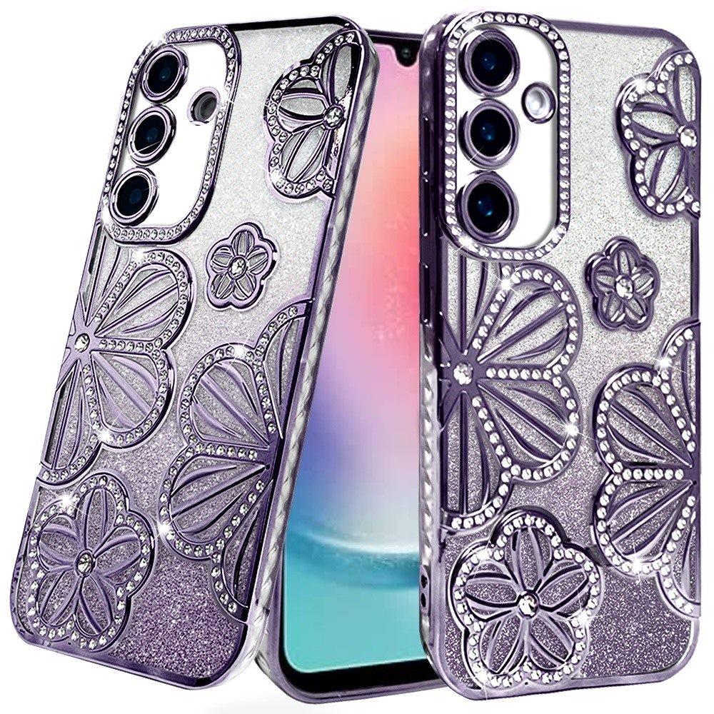 For Samsung Galaxy A26 Luxury Flower Design Sparkle Glitter Diamond Rhinestone Shimmer Bling Plating Thick TPU Hard PC Case Cover Flower Purple