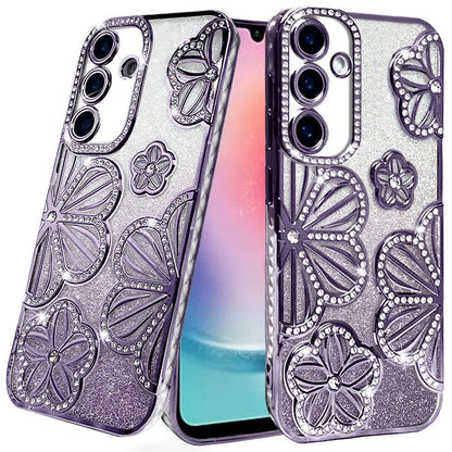 For Samsung Galaxy A26 Luxury Flower Design Sparkle Glitter Diamond Rhinestone Shimmer Bling Plating Thick TPU Hard PC Case Cover Flower Purple