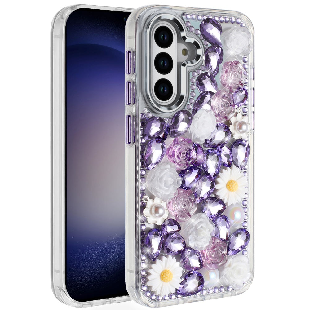 For Apple iPhone 13 Pro Max Fashion Daisy Floral Series, Full 3D Bling Crystal Diamonds Sparkling Rhinestone Glitter Hybrid Design Case Cover Purple