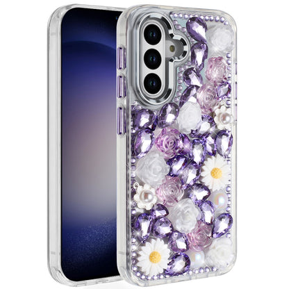For Apple iPhone 13 Pro Max Fashion Daisy Floral Series, Full 3D Bling Crystal Diamonds Sparkling Rhinestone Glitter Hybrid Design Case Cover Purple