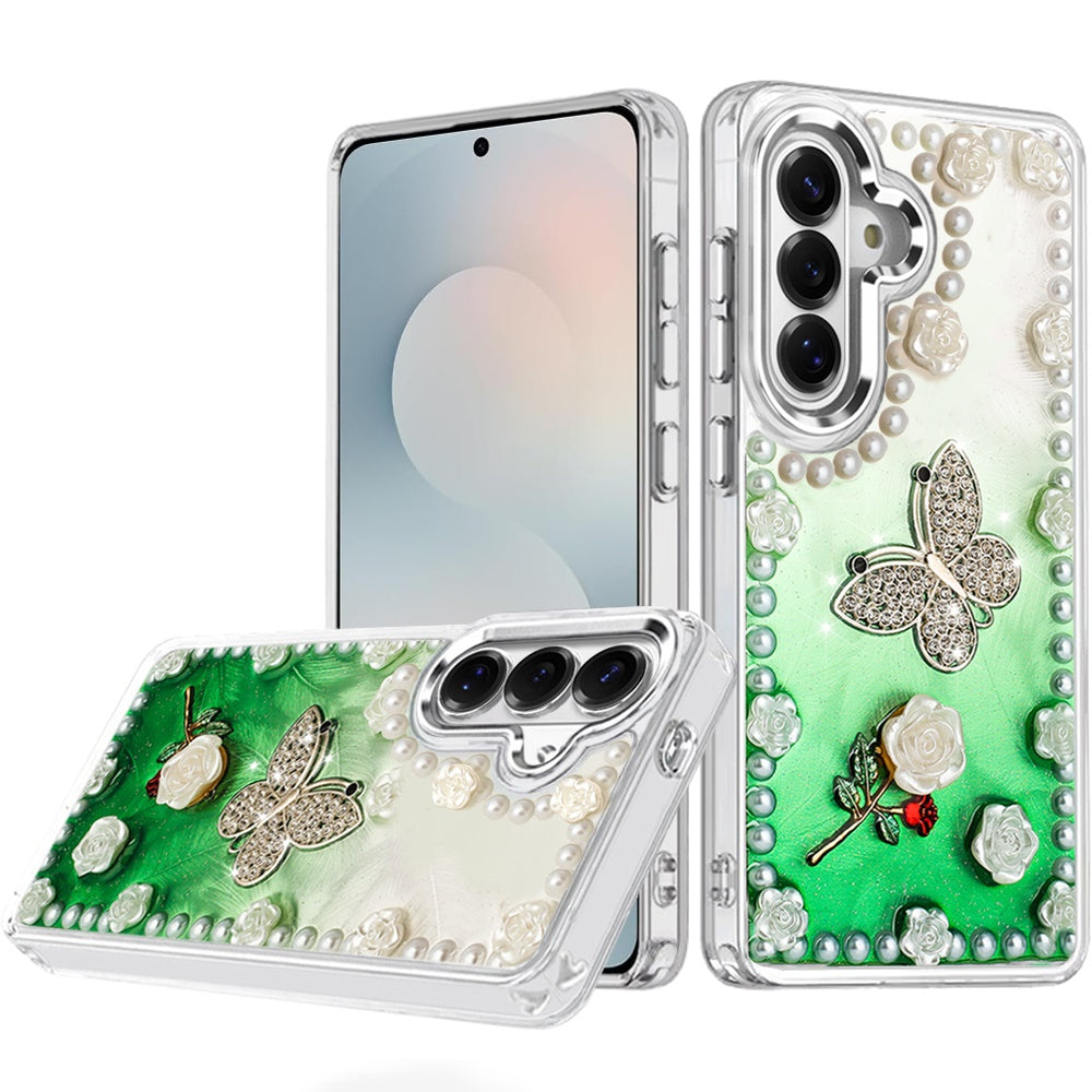 For Samsung Galaxy S25 FE, S25 Fan Edition Bling Fashion Design with 3D Pearls Epoxy Glitter Ornaments Chrome Edge Hard Slim PC Case Cover