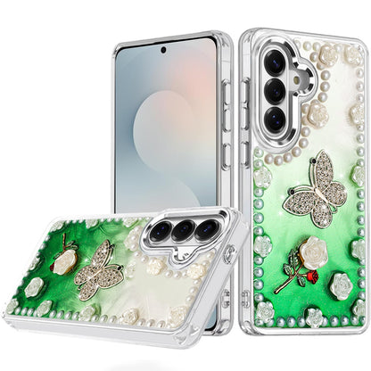 For Samsung Galaxy S25 FE, S25 Fan Edition Bling Fashion Design with 3D Pearls Epoxy Glitter Ornaments Chrome Edge Hard Slim PC Case Cover