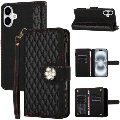 For Apple iPhone 16 Plus (6.7") PU Leather Wallet Design Jewel Bling with Credit Card Holder Flip Folio Pouch Zipper Purse Wrist Strap Case Cover