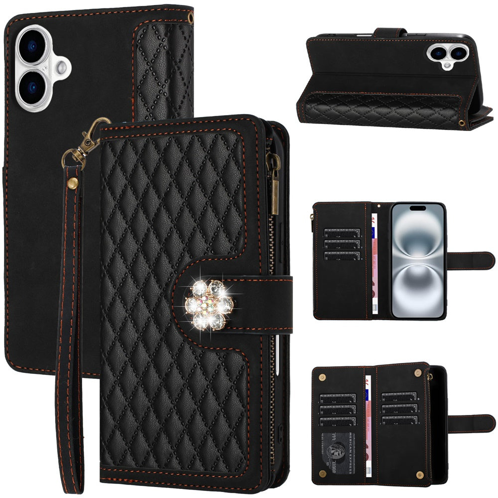 For Apple iPhone 16 (6.1") PU Leather Wallet Design Jewel Bling with Credit Card Holder Flip Folio Pouch Zipper Purse Wrist Strap Case Cover
