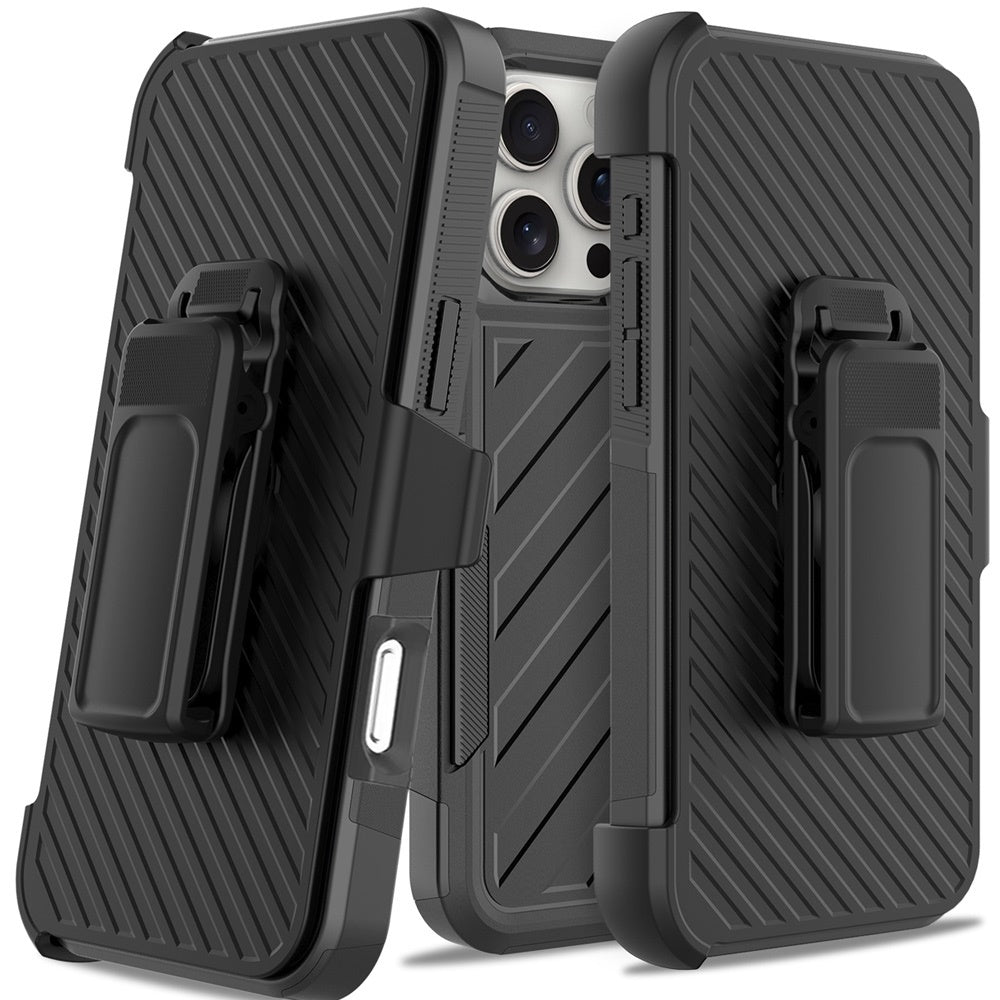For Apple iPhone 16 Pro Max (6.9") Combo Hybrid lined with Belt Clip Holster Armor Shockproof Rugged Textured 2in1 Non Slip Tough Case Cover Black / Black