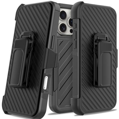 For Apple iPhone 16 Pro (6.3") Combo Hybrid lined with Belt Clip Holster Armor Shockproof Rugged Textured 2in1 Non Slip Tough Case Cover Black / Black