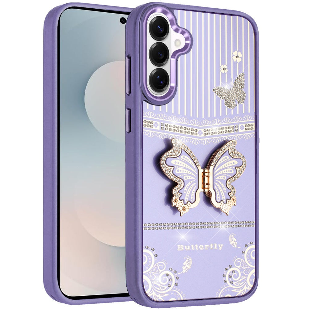 For Apple iPhone 17E /16E Glitter 3D Butterfly Design Bling Metallic Edge Hybrid Stand Drop Protection TPU Shockproof Case Cover Dark Purple