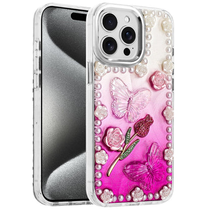 For Apple iPhone 15 Pro Max Bling Fashion Design with 3D Pearls Epoxy Glitter Ornaments Chrome Edge Hard Slim PC Case Cover
