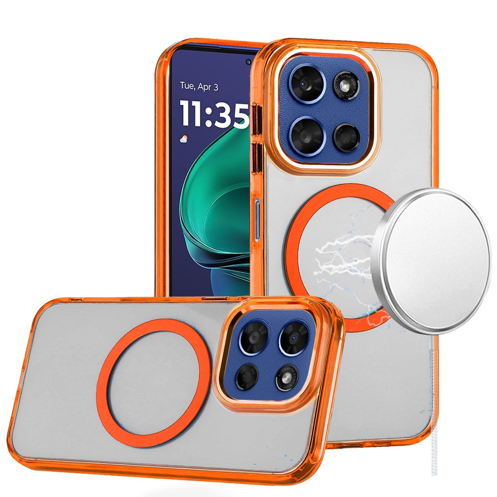 For Motorola Moto G Play 5G 2026 Transparent Back Hybrid Case - Magnetic Circle, Color Frame, Metal Buttons, MagSafe Compatible Case Cover Cosmic Orange