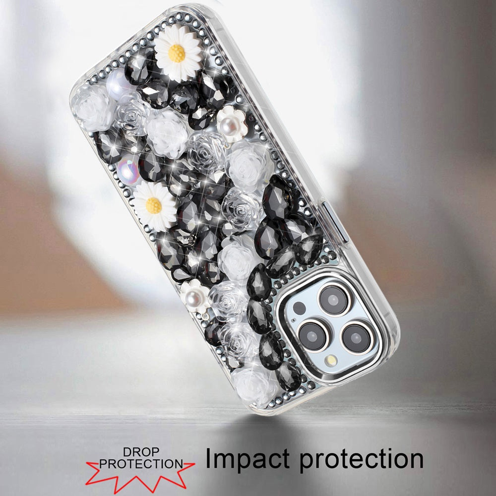 For Apple iPhone 13 Pro Max Fashion Daisy Floral Series, Full 3D Bling Crystal Diamonds Sparkling Rhinestone Glitter Hybrid Design Case Cover Black