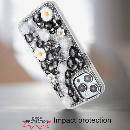 For Apple iPhone 13 Pro Max Fashion Daisy Floral Series, Full 3D Bling Crystal Diamonds Sparkling Rhinestone Glitter Hybrid Design Case Cover Black
