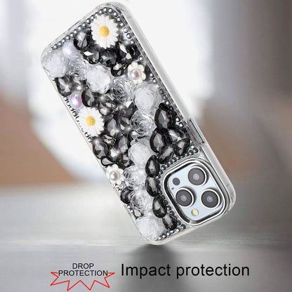 For Apple iPhone 12 Pro Max Fashion Daisy Floral Series, Full 3D Bling Crystal Diamonds Sparkling Rhinestone Glitter Hybrid Design Case Cover Black