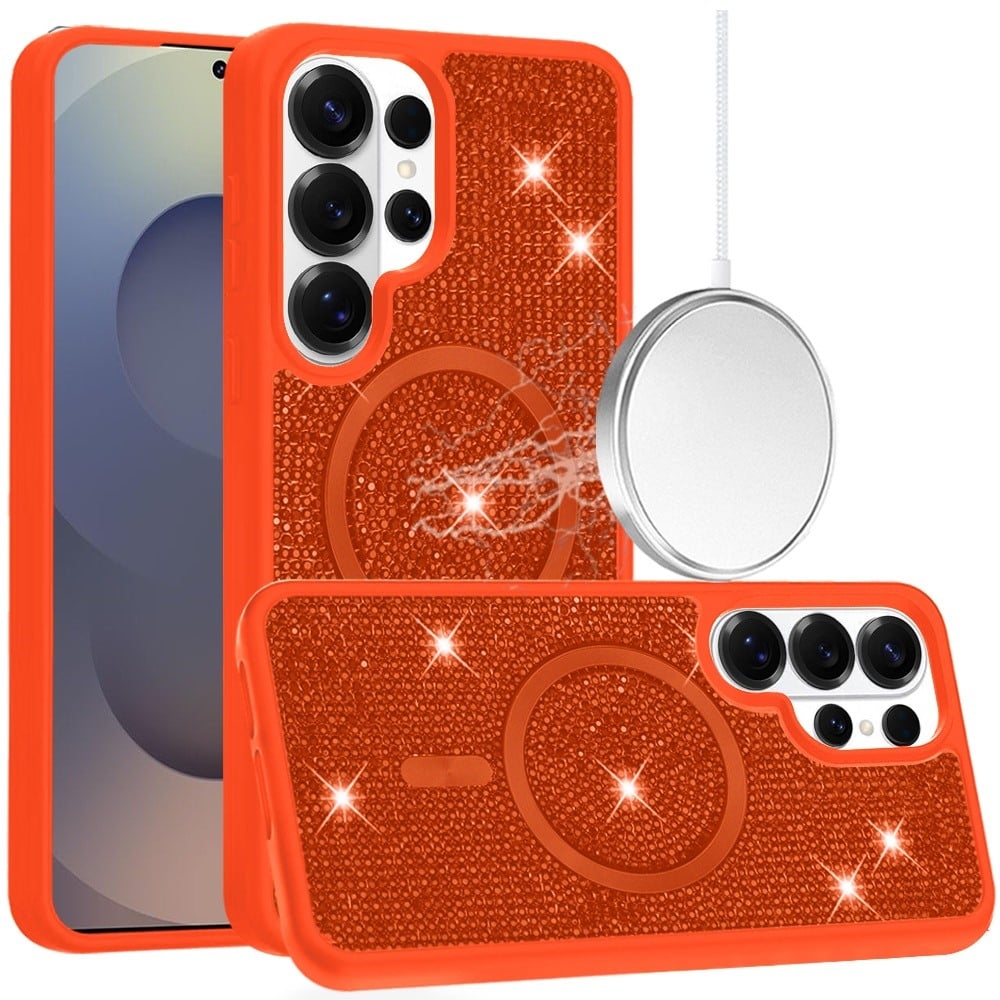 Phone Case for Samsung Galaxy S25 Ultra Magnetic Bling Diamond Sparkle Hybrid Shockproof Rugged Grip Durable Protection Anti-Slip Armor Design Cover Cosmic Orange