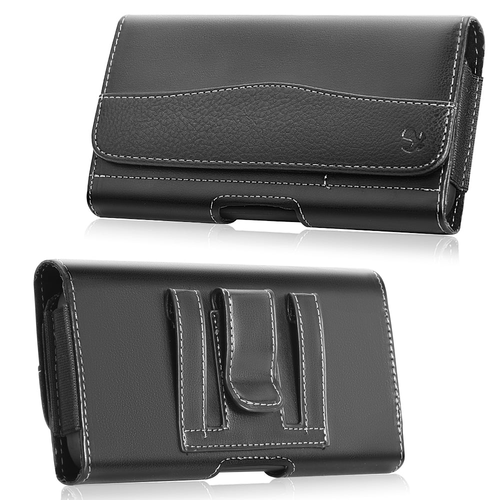 For Apple iPhone 16 Pro (6.3") Universal Horizontal CellPhone Case Smooth Leather Pouch Flap Holster Carrying Case with Dual Card Slots & Belt Clip Loop Cover [Black]