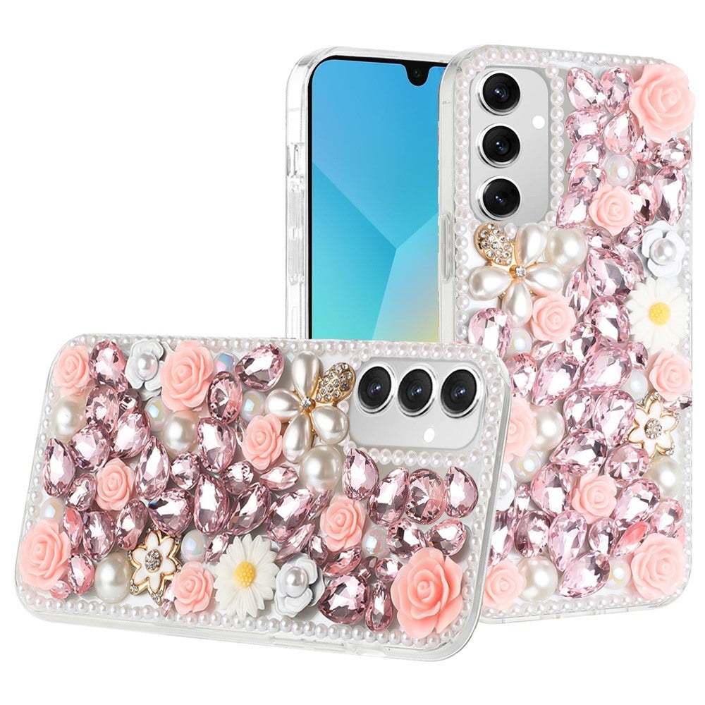 For Apple iPhone 17E /16E Fashion Rose Flower Floral, 3D Bling Crystal Full Diamonds Pearl Sparkle Rhinestone Glitter Hybrid Case Cover Pink