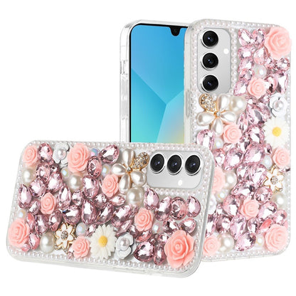 For Apple iPhone 17E /16E Fashion Rose Flower Floral, 3D Bling Crystal Full Diamonds Pearl Sparkle Rhinestone Glitter Hybrid Case Cover Pink