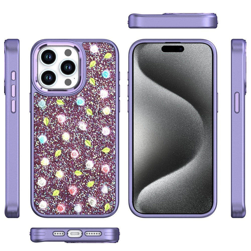 For Apple iPhone 12 Pro Max Floral Design Embedded Glass Diamond Fancy Fashion Glitter Bling Sparkly Hybrid Rugged TPU Bumper Case Cover
