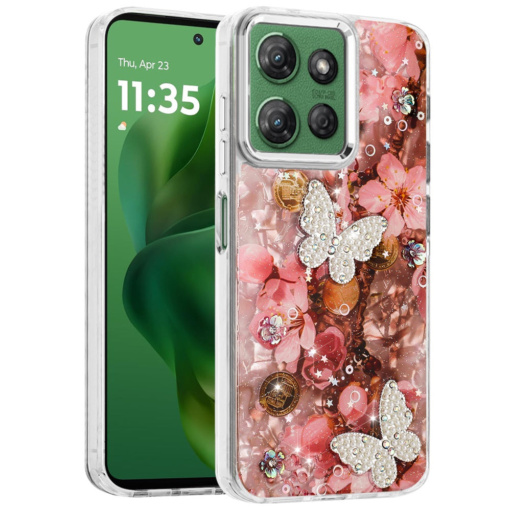 For Motorola Moto G Power 5G 2025 Epoxy Glitter Flowers Bling 3D Butterfly Fashion TPU Hybrid with Shockproof Protection Case Cover