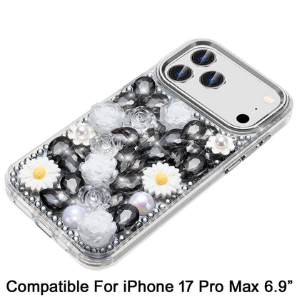 For Apple iPhone 17 Pro Max (6.9") Fashion Daisy Floral Series, Full 3D Bling Crystal Diamonds Sparkling Rhinestone Glitter Hybrid Design Case Cover