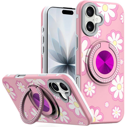 For Apple iPhone 17 (6.3") Pattern Design Hybrid with Invisible Ring Stand & Magnetic Back, Shockproof Protective Grip Case Cover Pink Daisy Flower