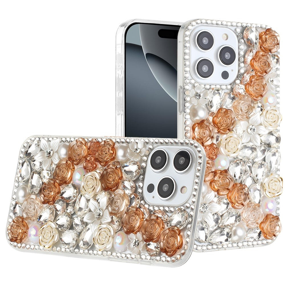 For iPhone 16 Pro Max (6.9") Fashion Rose Flower Floral, 3D Bling Crystal Full Diamonds Pearl Sparkle Rhinestone Glitter Hybrid Case Cover Gold