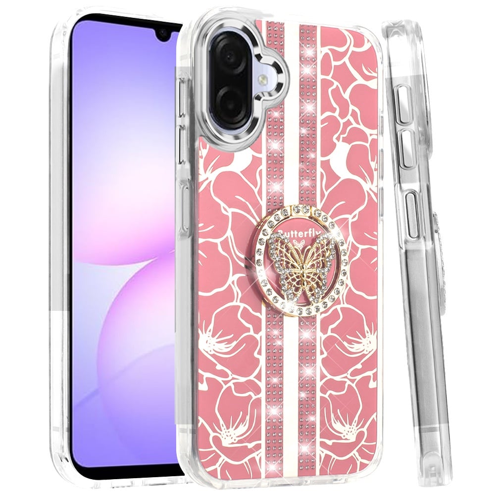 For Samsung Galaxy A07 Diamonds 3D Butterfly Floral Design Bling Sparkly Glitter Hybrid Metal Fashion with Ring Stand Case Cover