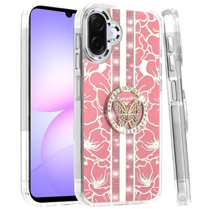 For Samsung Galaxy A07 Diamonds 3D Butterfly Floral Design Bling Sparkly Glitter Hybrid Metal Fashion with Ring Stand Case Cover