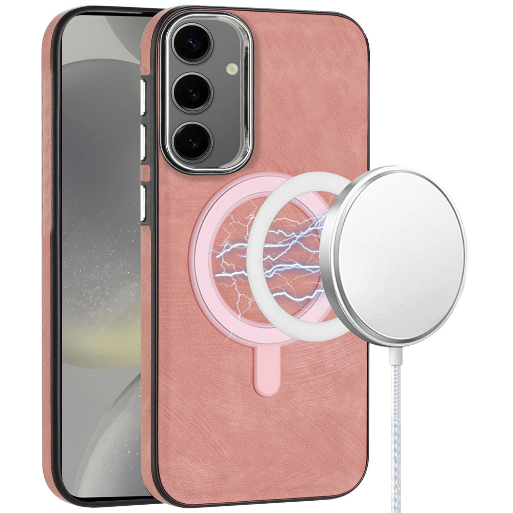 For Samsung Galaxy S25 /S24 Fashion PU Vegan Leather Chrome Edge Hybrid, MagSafe Compatible, Durable TPU Hard PC Case Cover