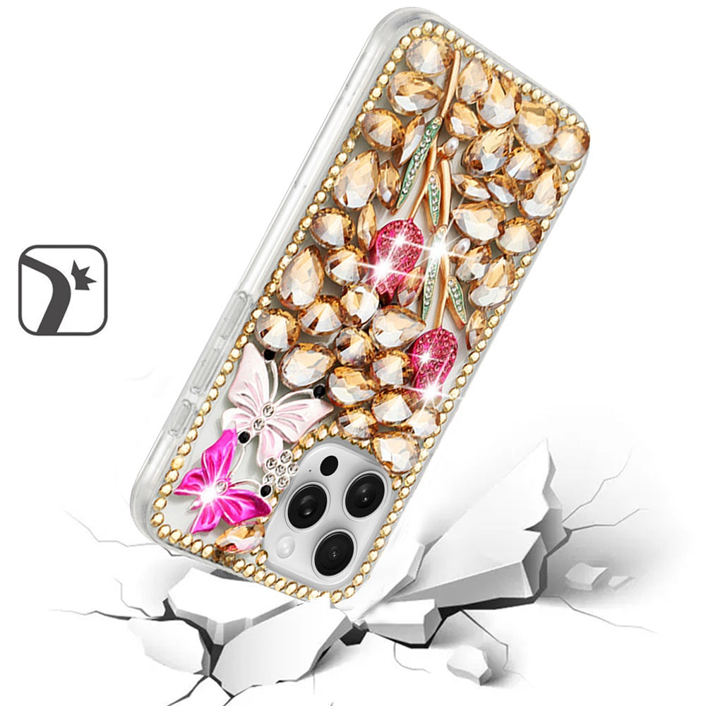 For iPhone 16 Pro Max (6.9") Bling Crystal 3D Full Diamonds Luxury Sparkle Rhinestone Hybrid Case Cover Gold Exquisite Garden