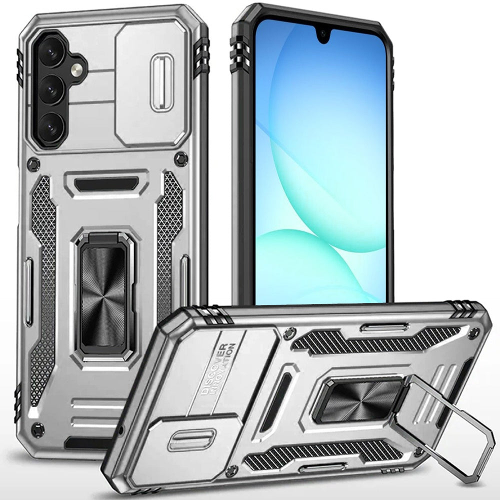 For Samsung Galaxy A17 5G Tough Hybrid Case with Movable Camera Window & Metal Ring Stand Shockproof Case Cover