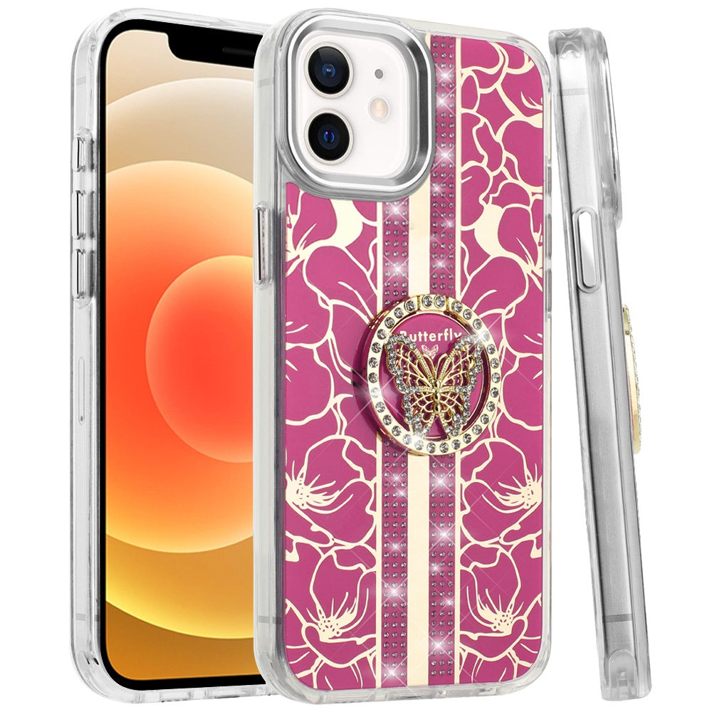 For Samsung Galaxy A37 Diamonds 3D Butterfly Floral Design Bling Sparkly Glitter Hybrid Metal Fashion with Ring Stand Case Cover