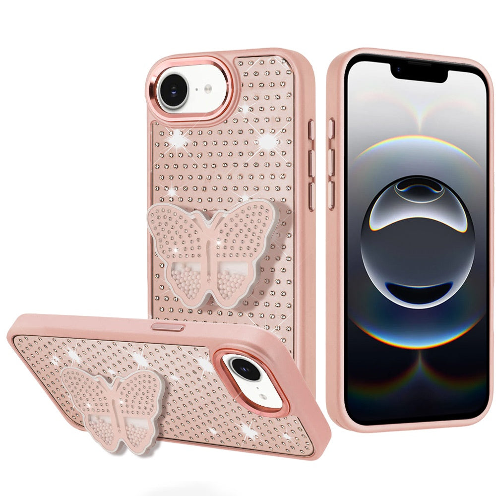 For Apple iPhone 16e Butterfly Moveable Grip 3D Pop Stand Full Diamond Bling Sparkling TPU Fashion Hybrid Case Cover