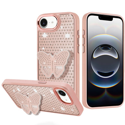 For Apple iPhone 16e Butterfly Moveable Grip 3D Pop Stand Full Diamond Bling Sparkling TPU Fashion Hybrid Case Cover
