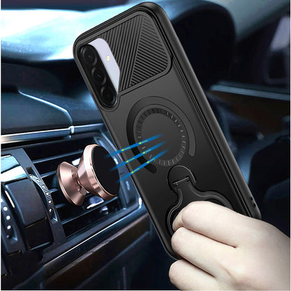 For Samsung Galaxy A36 Hybrid with Invisible 2 Hole Ring Stand Magnetic back Car Mount Friendly Protector Case Cover Black