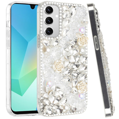 For Samsung Galaxy A16 5G Fashion Rose Flower Floral Bling Crystal 3D Full Diamonds Pearl Sparkle Rhinestone Glitter Hybrid Case Cover