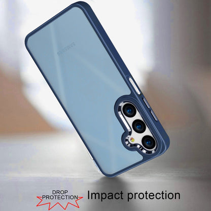 For Samsung Galaxy A17 5G Slim Fit Hybrid Transparent Thick Acrylic with Metal Buttons Frame Protective Hard PC + TPU Shockproof Case Cover Blue