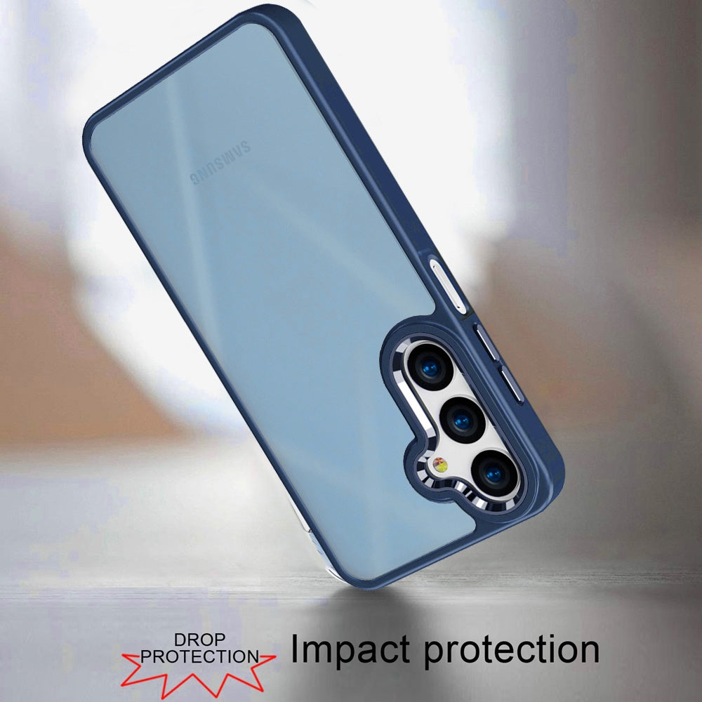 For Samsung Galaxy S25 Fan Edition /Galaxy S25 FE Slim Fit Hybrid Transparent Thick Acrylic with Metal Buttons Frame Protective Hard PC + TPU Shockproof Case Cover Blue