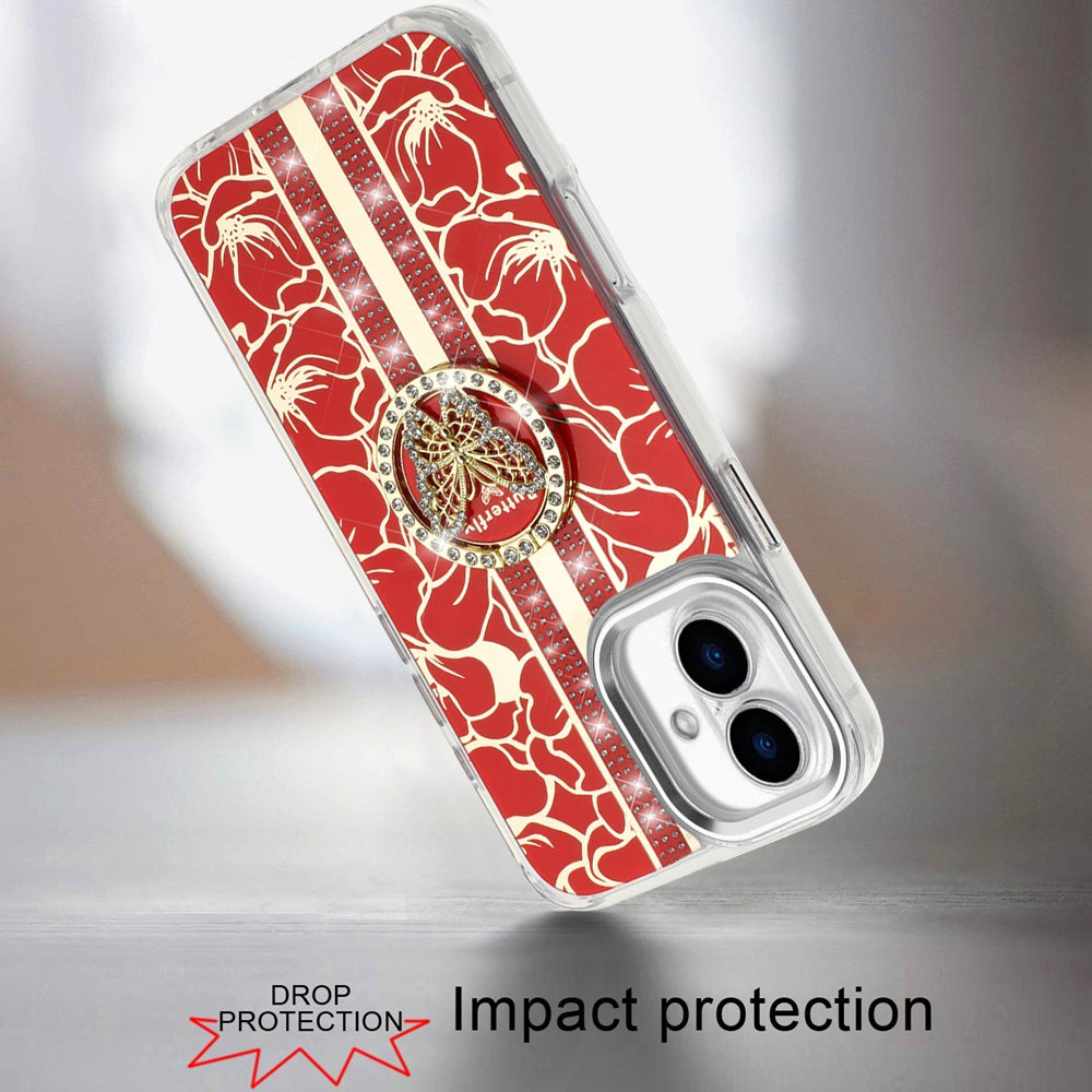 For Apple iPhone 17 (6.3") Diamonds 3D Butterfly Floral Design Bling Sparkly Glitter Hybrid Metal Fashion with Ring Stand Case Cover