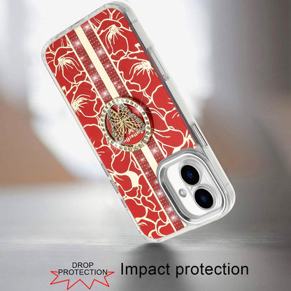 For Apple iPhone 17 (6.3") Diamonds 3D Butterfly Floral Design Bling Sparkly Glitter Hybrid Metal Fashion with Ring Stand Case Cover